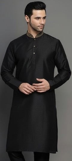 Black and Grey color Kurta in Dupion Silk fabric with Embroidered work