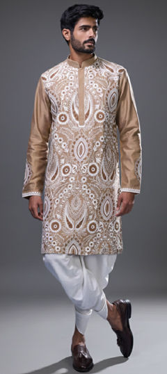 Beige and Brown color Dhoti Kurta in Silk fabric with Embroidered, Thread work