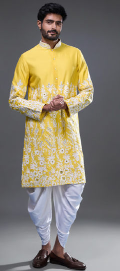 Yellow color Dhoti Kurta in Silk fabric with Embroidered, Mirror, Thread work