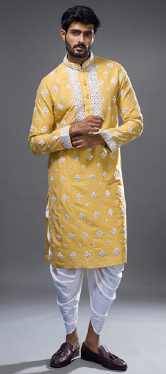 Yellow color Dhoti Kurta in Silk fabric with Embroidered, Mirror, Thread work