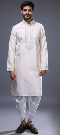 White and Off White color Dhoti Kurta in Silk fabric with Embroidered, Thread work
