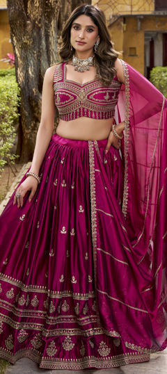 Pink and Majenta color Lehenga in Silk fabric with Embroidered, Sequence, Thread work