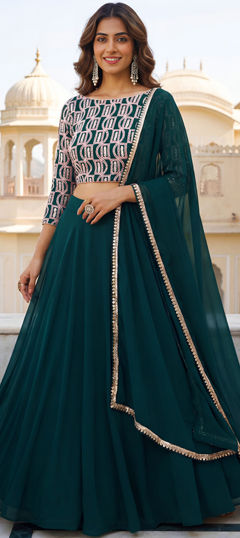 Green color Lehenga in Georgette fabric with Embroidered, Sequence, Thread, Zari work