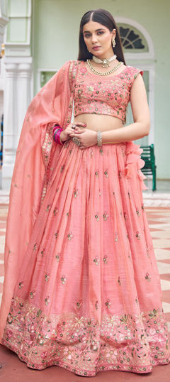 Pink and Majenta color Lehenga in Crushed Silk fabric with Embroidered, Resham, Sequence, Thread work