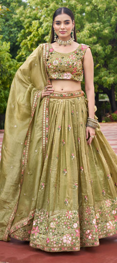 Green color Lehenga in Crushed Silk fabric with Embroidered, Resham, Sequence, Thread work