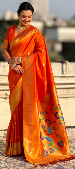 Orange color Saree in Silk fabric with Weaving work