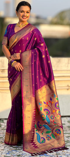 Purple and Violet color Saree in Silk fabric with Weaving work