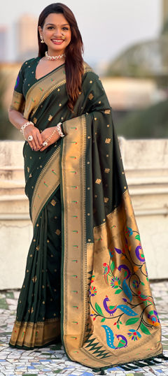 Green color Saree in Silk fabric with Weaving work