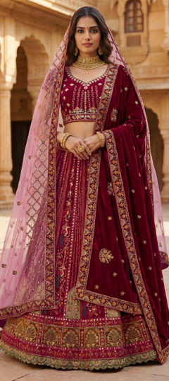 Red and Maroon color Lehenga in Net, Velvet fabric with Embroidered, Sequence, Thread, Zari work