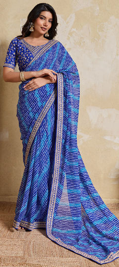 Blue color Saree in Georgette fabric with Lace, Lehariya, Printed work
