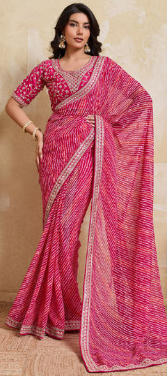 Pink and Majenta color Saree in Georgette fabric with Lace, Lehariya, Printed work