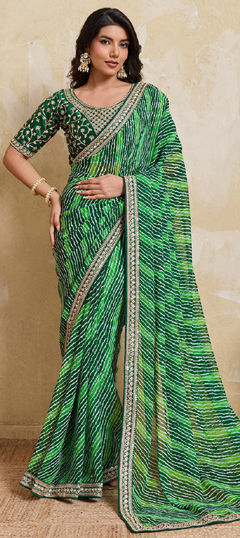 Green color Saree in Georgette fabric with Lace, Lehariya, Printed work