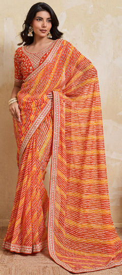Orange color Saree in Georgette fabric with Lace, Lehariya, Printed work
