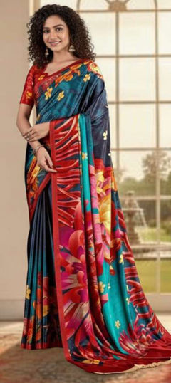 Blue color Saree in Crepe Silk fabric with Digital Print work