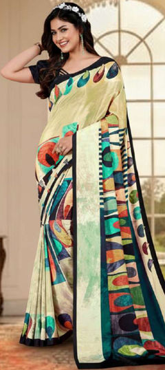 White and Off White color Saree in Crepe Silk fabric with Digital Print work
