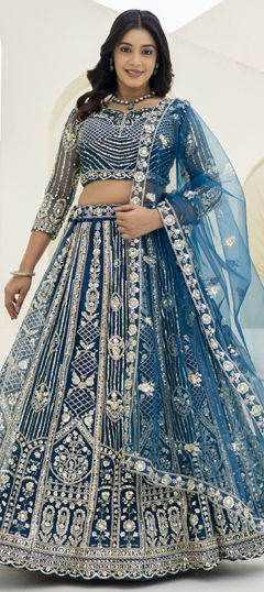Blue color Lehenga in Net fabric with Embroidered, Sequence, Thread work