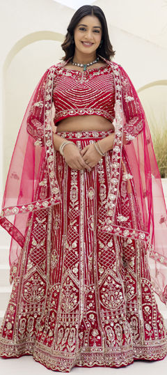 Red and Maroon color Lehenga in Net fabric with Embroidered, Sequence, Thread work