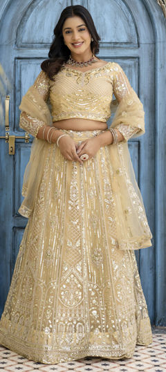Beige and Brown color Lehenga in Net fabric with Embroidered, Sequence, Thread work
