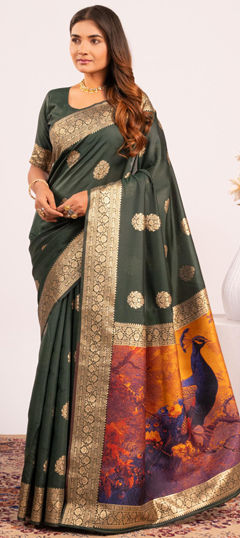 Green color Saree in Banarasi Silk fabric with Printed, Weaving, Zari work