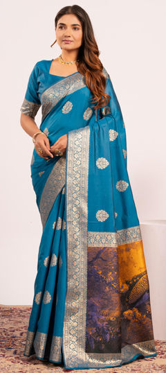 Blue color Saree in Banarasi Silk fabric with Printed, Weaving, Zari work