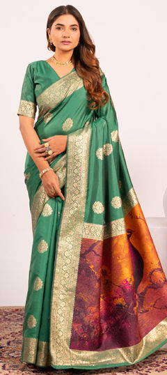 Green color Saree in Banarasi Silk fabric with Printed, Weaving, Zari work