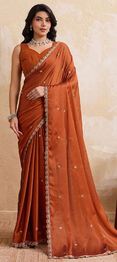 Beige and Brown color Saree in Art Silk fabric with Embroidered, Thread work