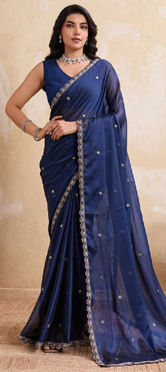 Blue color Saree in Art Silk fabric with Embroidered, Thread work