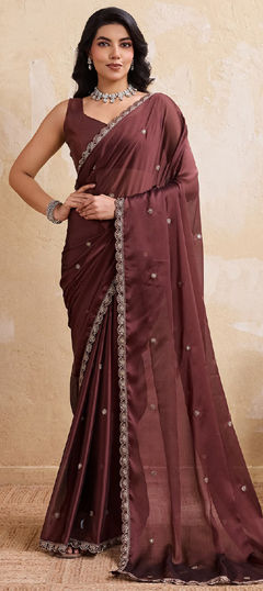 Beige and Brown color Saree in Art Silk fabric with Embroidered, Thread work