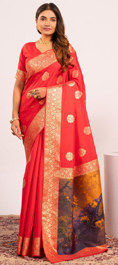 Red and Maroon color Saree in Banarasi Silk fabric with Printed, Weaving, Zari work