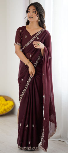 Purple and Violet color Saree in Georgette fabric with Embroidered, Moti work