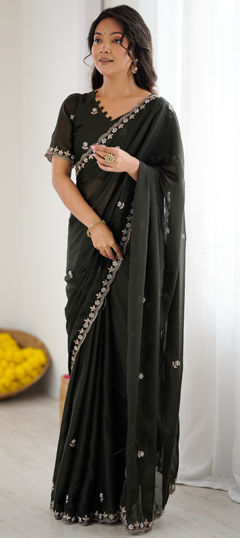 Green color Saree in Georgette fabric with Embroidered, Moti work