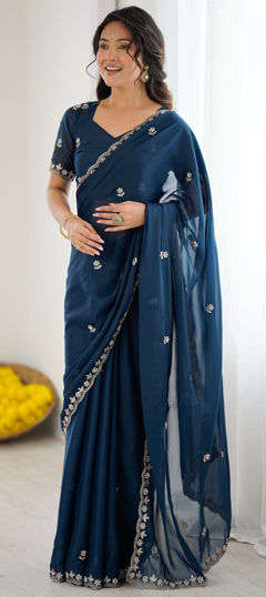 Blue color Saree in Georgette fabric with Embroidered, Moti work
