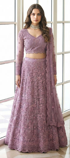 Purple and Violet color Lehenga in Net fabric with Embroidered, Resham, Thread work