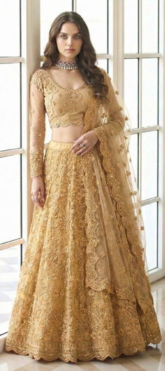 Gold color Lehenga in Net fabric with Embroidered, Resham, Thread work