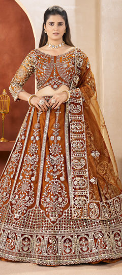 Orange color Lehenga in Net fabric with Embroidered, Sequence, Thread work