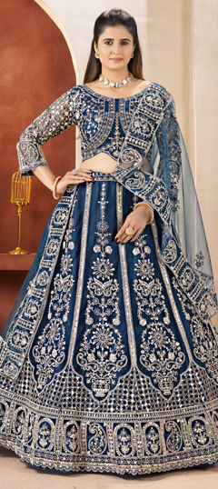 Blue color Lehenga in Net fabric with Embroidered, Sequence, Thread work