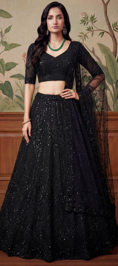 Black and Grey color Lehenga in Net fabric with Sequence work