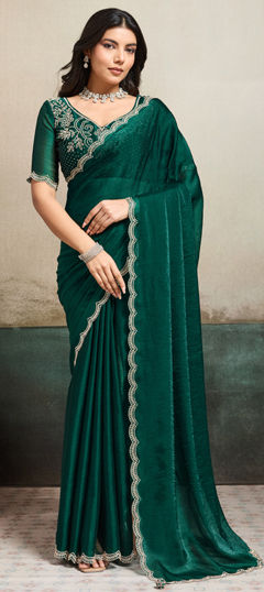 Green color Saree in Chiffon fabric with Zircon work