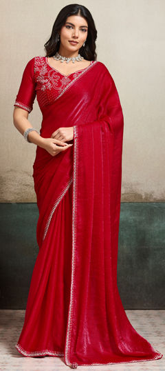 Red and Maroon color Saree in Chiffon fabric with Zircon work