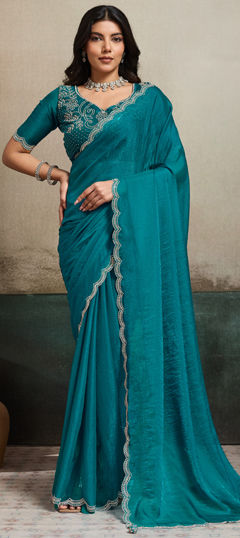 Blue color Saree in Chiffon fabric with Zircon work