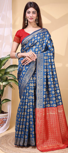Blue, Red and Maroon color Saree in Litchi Silk fabric with Weaving work