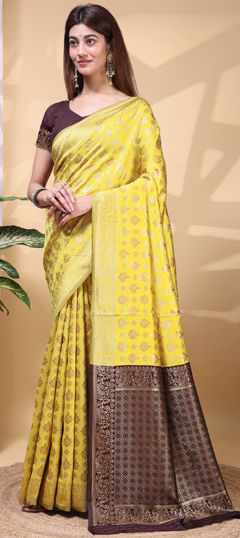 Beige and Brown, Yellow color Saree in Litchi Silk fabric with Weaving work