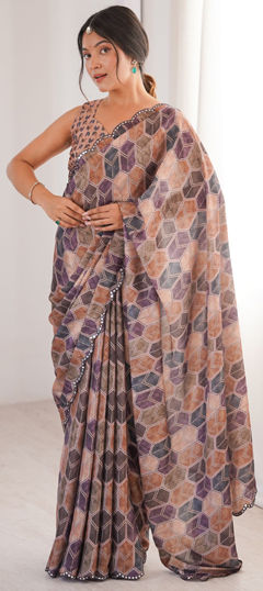 Multicolor color Saree in Chinon Silk fabric with Digital Print, Floral, Mirror work
