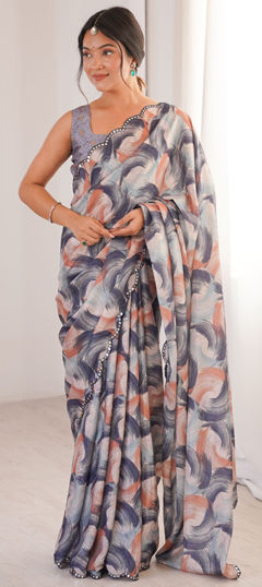 Black and Grey color Saree in Chinon Silk fabric with Digital Print, Floral, Mirror work
