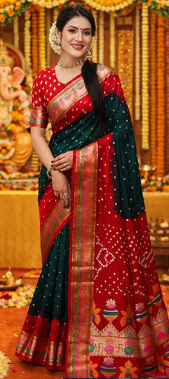 Green color Saree in Cotton fabric with Bandhej, Printed, Weaving work