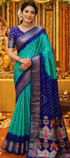Blue color Saree in Cotton fabric with Bandhej, Printed, Weaving work