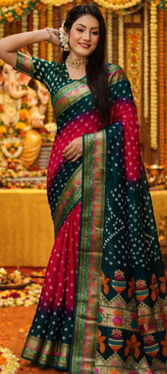 Green, Red and Maroon color Saree in Cotton fabric with Bandhej, Printed, Weaving work