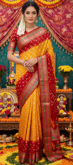 Yellow color Saree in Cotton fabric with Bandhej, Printed, Weaving work