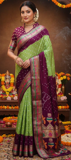 Green color Saree in Cotton fabric with Bandhej, Printed, Weaving work