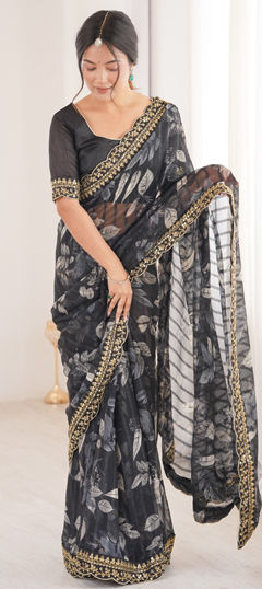 Black and Grey color Saree in Georgette fabric with Embroidered, Floral, Printed work